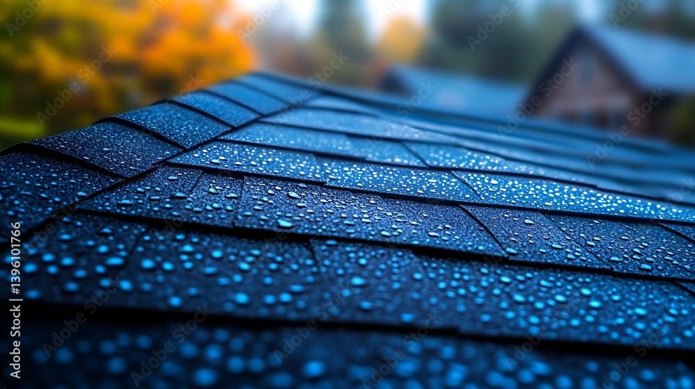 Aufkleber Mesmerizing closeup of raindrops on a blue shingle roof captured in a soft autumn light : Generative AI