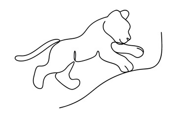 Minimalist Line Art Illustration Of A Young Lion Cub Playing On A Branch