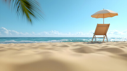 Empty Beach Scene With Wooden Lounge Chair And Umbrella
