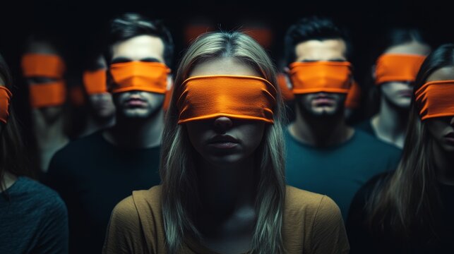 Silent Unity A Group of Individuals Bound Together by Orange Blindfolds Surrounded in a Dark Setting