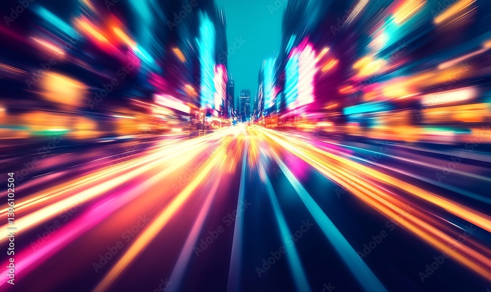 Poster vibrant city nightscape characterized by colorful lights and a thrilling motion blur in an urban env