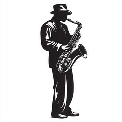Naklejka premium Silhouette of a jazzman playing the saxophone on a white background