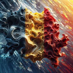 Abstract digital depiction of Romania flag with wavy textures and vibrant swirling colors