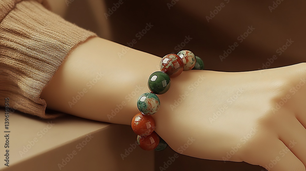 Poster Stylish close-up view of a hand with a unique beaded bracelet displaying intricate beadwork and colors : Generative AI