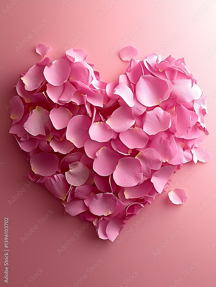Poster beautiful heart shaped arrangement of pink rose petals on a soft gradient background : generative ai