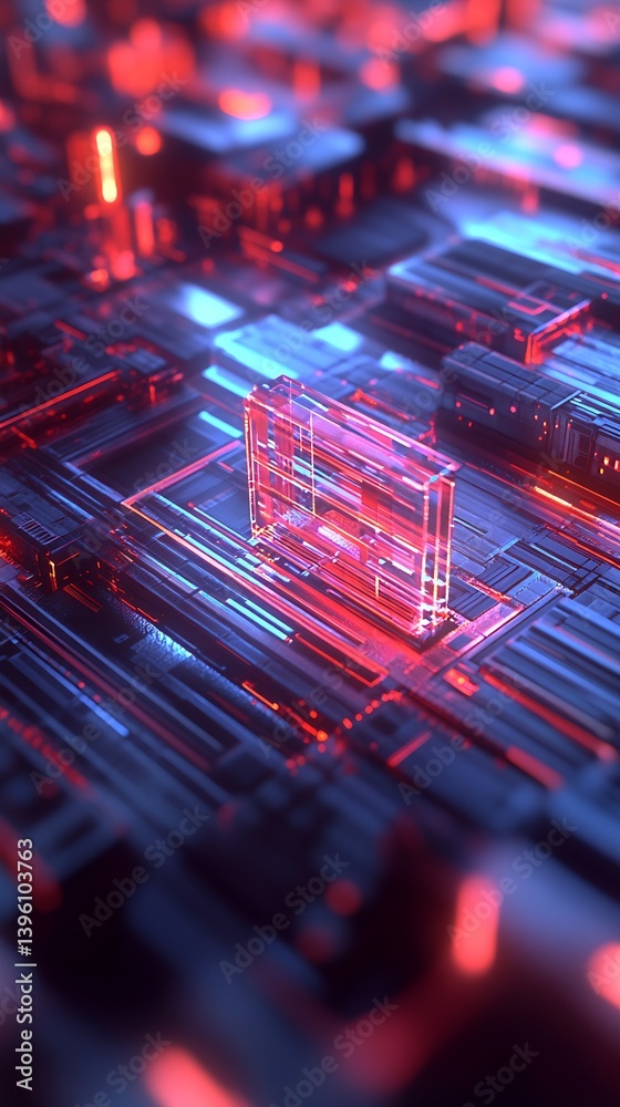 Aufkleber Stunning abstract illustration of a digital circuit board with central glowing element and vibrant colors : Generative AI