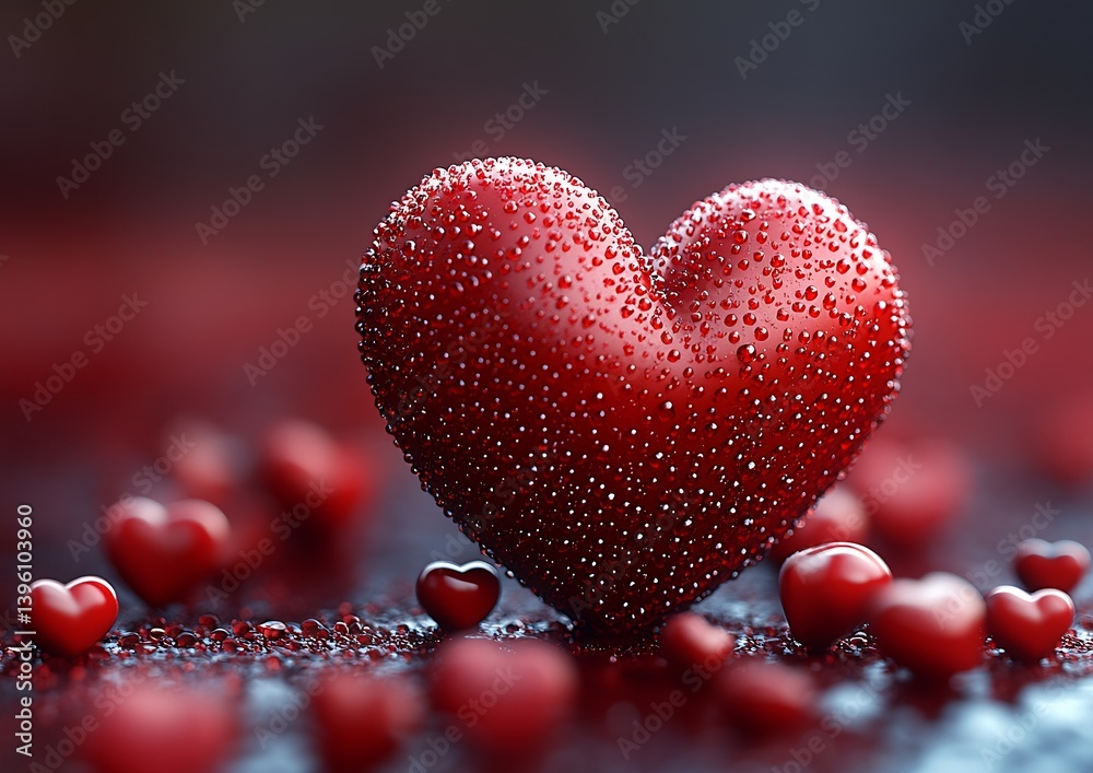Aufkleber beautiful close up of a red heart with dew drops on a blurred romantic background : generative ai