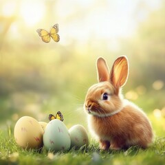 Fototapeta premium A rabbit sits in grass surrounded by colorful eggs and a butterfly, celebrating Easter joy.