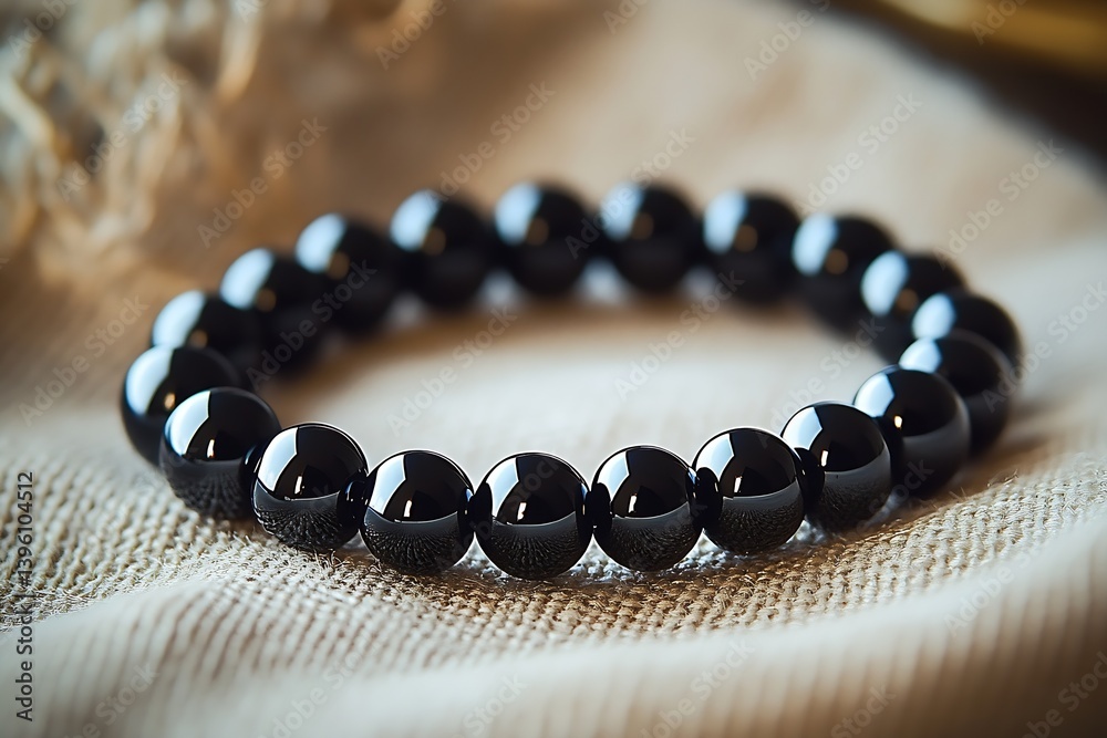 Aufkleber black bead bracelet elegantly displayed on a light fabric highlighting its glossy surface : generati
