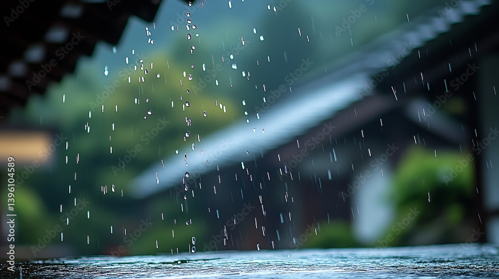 Aufkleber raindrops falling into still water in calm rainy setting : generative ai
