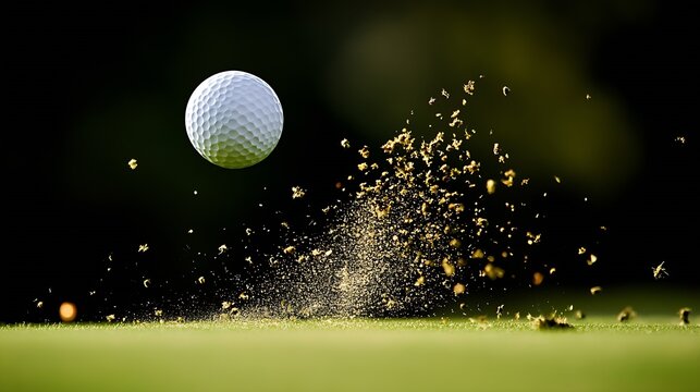 Dynamic close up of a golf ball striking the turf with particles flying in a dramatic shot : Generative AI