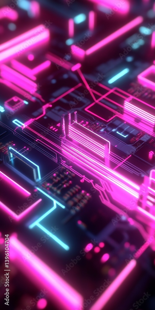 Poster Futuristic neon circuit board with prominent glowing lines representing cutting-edge technology and design : Generative AI