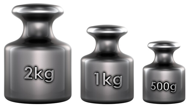 2kg, 1kg, 500g weights. Cast iron, calibration weight. 3D rendering isolated on transparent background