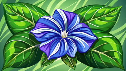 Single Big Leaf Variegated Periwinkle (Vinca major variegata) a large leafed evergreen deep blue flower on a green leaves background.