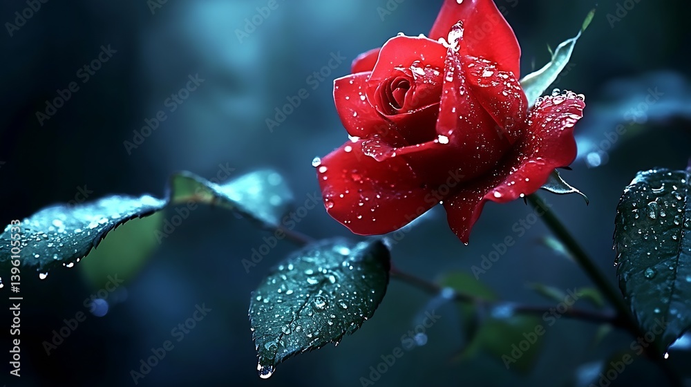 Poster stunning red rose captured in detail with sparkling dew drops highlighting its vibrant beauty in a s
