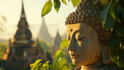 Buddha Statue Meditating in Tranquil Garden with Pagodas in Background