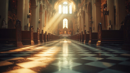 Sunlight streams through stained glass illuminating the aisle of a grand antique church showcasing intricate architecture and a checkered floor.