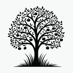 Apple Tree Silhouette with Leaves and Fruits Isolated on White Background. Minimalist