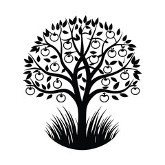Fototapeta premium Minimalist Black Apple Tree Silhouette with Round Fruits and Grass on White Backdrop