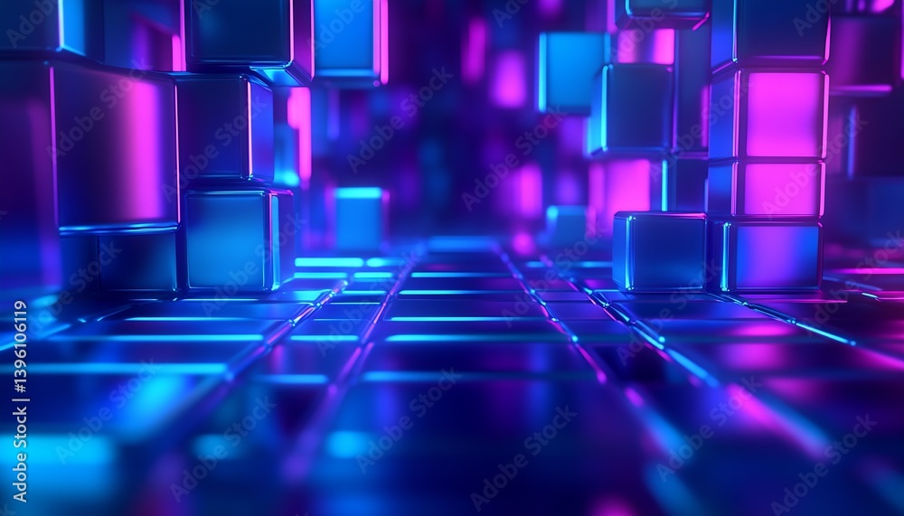 Poster intriguing close-up of abstract cubes in a neon-lit digital environment showcasing vivid colors : ge