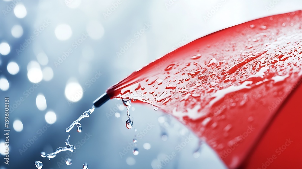 Poster close up of a red umbrella showing raindrops on a rainy day in soft natural light : generative ai