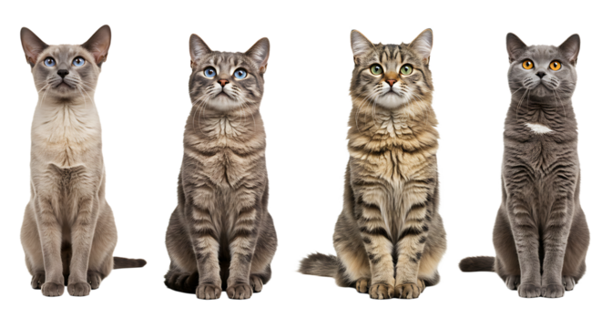 Cats Sitting in a Row Looking Up on White Background