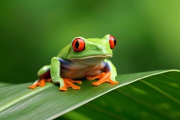 Obraz premium Red Eyed Tree Frog Resting On Leaf In Lush Green Rainforest Environment Natural Wildlife Portrait, red eyed tree frog, tree frog, frog, red eyes, amphibian, exotic, tropical, rainforest, wildlife
