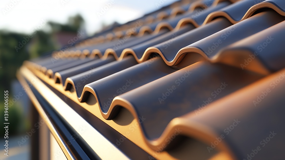 Poster Artistic capture of brown wave-shaped roof tiles illuminated by soft light enhancing architectural appeal : Generative AI
