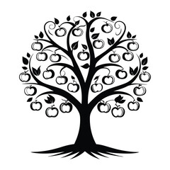 Apple Tree Silhouette with Fruit and Leaves Isolated Black and White Symbol