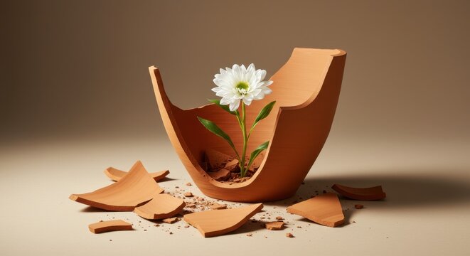 A broken clay pot holds a delicate flower, symbolizing the beauty of new beginnings amidst brokenness and referencing themes of annunciation and rebirth