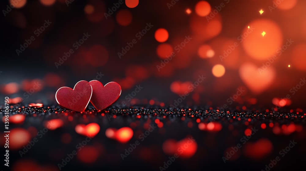 Aufkleber Red heart decorations against a backdrop of soft bokeh lights creating a romantic and festive atmosphere : Generative AI