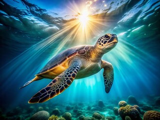 Obraz premium Majestic Sea Turtle Gracefully Swimming Through Sunlit Ocean Water