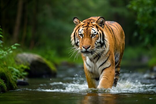 Majestic Bengal Tiger Walking Through Clear Stream In Jungle Forest Natures Splendor Wild Animal Close Up Portrait, bengal tiger, tiger, wildlife, animal, nature, predator, wild, mammal, feline