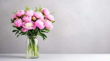 A bouquet of pink peonies in a clear glass vase on a minimalist white table, soft focus background, and elegant floral arrangement for home decor.