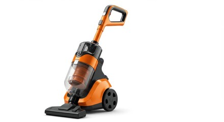 Obraz premium A close up view of an orange and black vacuum cleaner on a white background in a studio shot