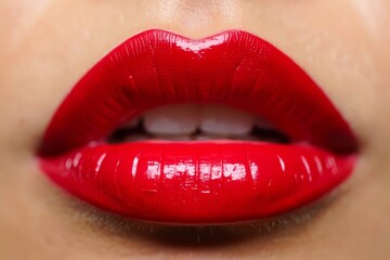 Obraz premium Sexy Red Lips close up. Beautiful Perfect Makeup. Beautiful red Lip Gloss.