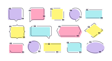 Quote box frames set isolated on white background. Vector colorful bubble quotation, comment, message borders