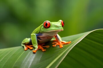Naklejka premium Vibrant Red Eyed Tree Frog Perched On Lush Green Leaf Detailed Macro Shot Exuding Tropical Rainforest Biodiversity Captivating Wildlife Photography, red eyed tree frog, frog, tree frog, tropical