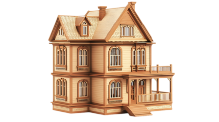 Classic wooden dollhouse isolated on white background. 3D illustration