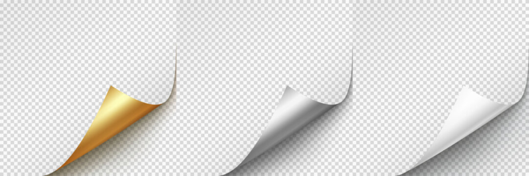 Curled page corners isolated on transparent background. Blank curve paper edge, bent sheet, note angle with realistic shadow. Vector rolled up stickers, peel banners