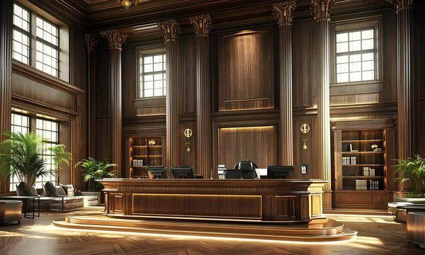 Grand, ornate reception area with rich wood paneling and pillars