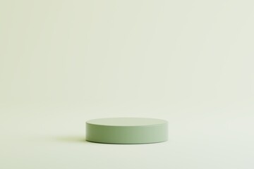 A minimalist, modern, podium for product display. The podium is a solid, geometric cylinder, in light green, set against a muted, monochrome background.
