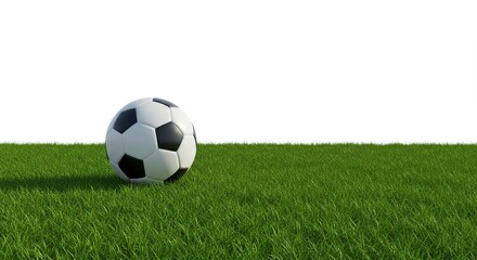 A soccer ball resting on a vibrant green grass field against a plain white background space above it