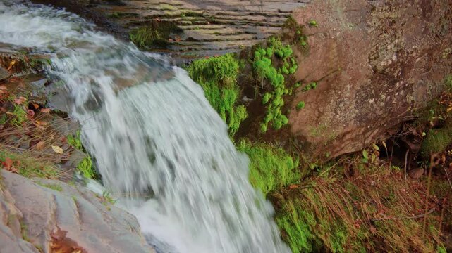 Captured in vivid detail, this footage presents Kaaterskill Falls in the Catskill Mountains, NY, a stunning waterfall surrounded by vibrant fall foliage, showcasing the autumn season.