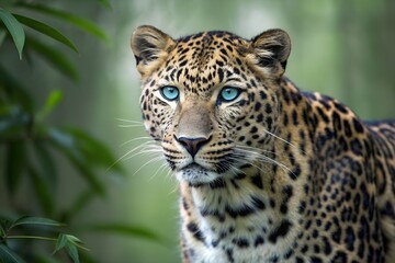 Obraz premium Majestic Leopard With Striking Blue Eyes Portrait In Natural Habitat Wildlife Predator Animal, leopard, animal, wildlife, predator, big cat, feline, mammal, nature, portrait, face, eye, blue eyes
