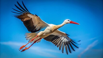 Fototapeta premium Majestic Stork in Flight, Blue Sky Background - Copy Space