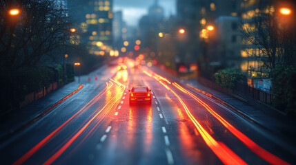 A nighttime city street scene shows blurred light trails of cars driving on a wet road under the glow of city lights on a rainy evening.