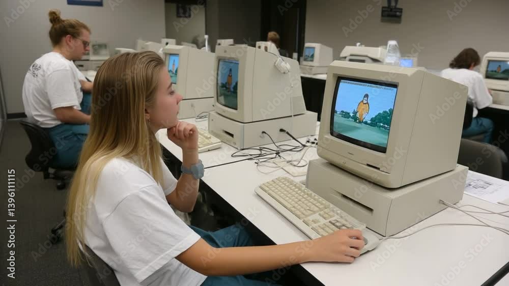 Poster engaging with vintage computer technology in a classroom setting generative ai