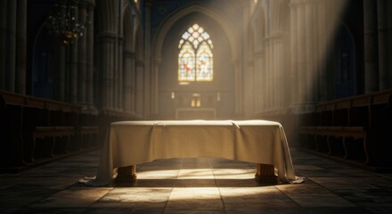 Fototapeta premium A serene setting featuring a white rose and scroll illuminated by gentle light in a majestic church interior, evoking a sense of peace and reverence