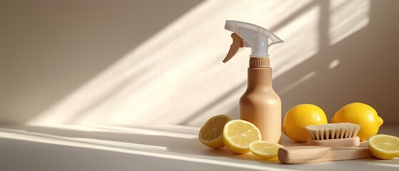 Zesty Cleaning: Fresh lemons alongside a spray bottle, and a wooden brush. Ideal for promoting eco-friendly household routines.